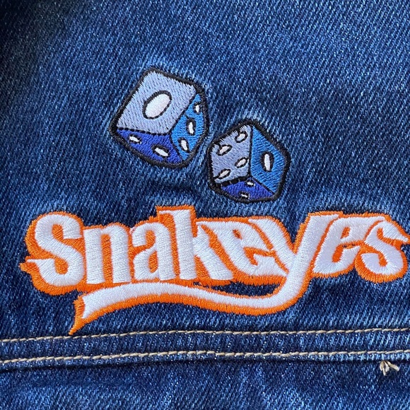 Snakeyes denim trucker jacket, dark wash, embroidered patch, large - Picture 7 of 16